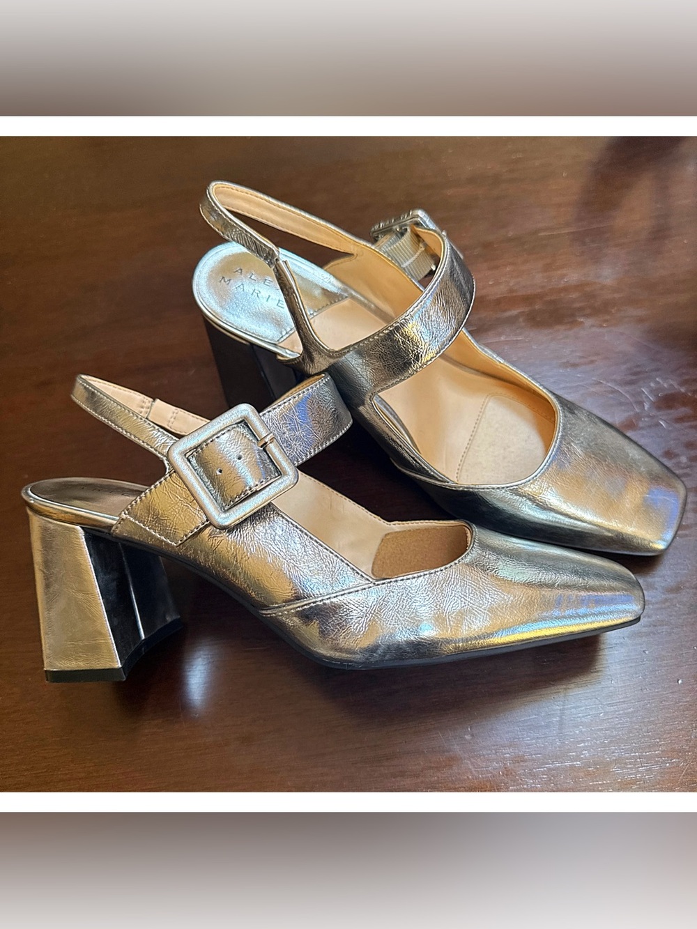Leighten Metallic Silver Block Heel Slingback Mary Janes